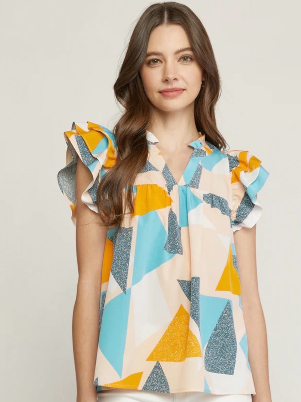 Entro Flutter Sleeve Geometric V-Neck Top Blouse Jade Gold Peach White Medium